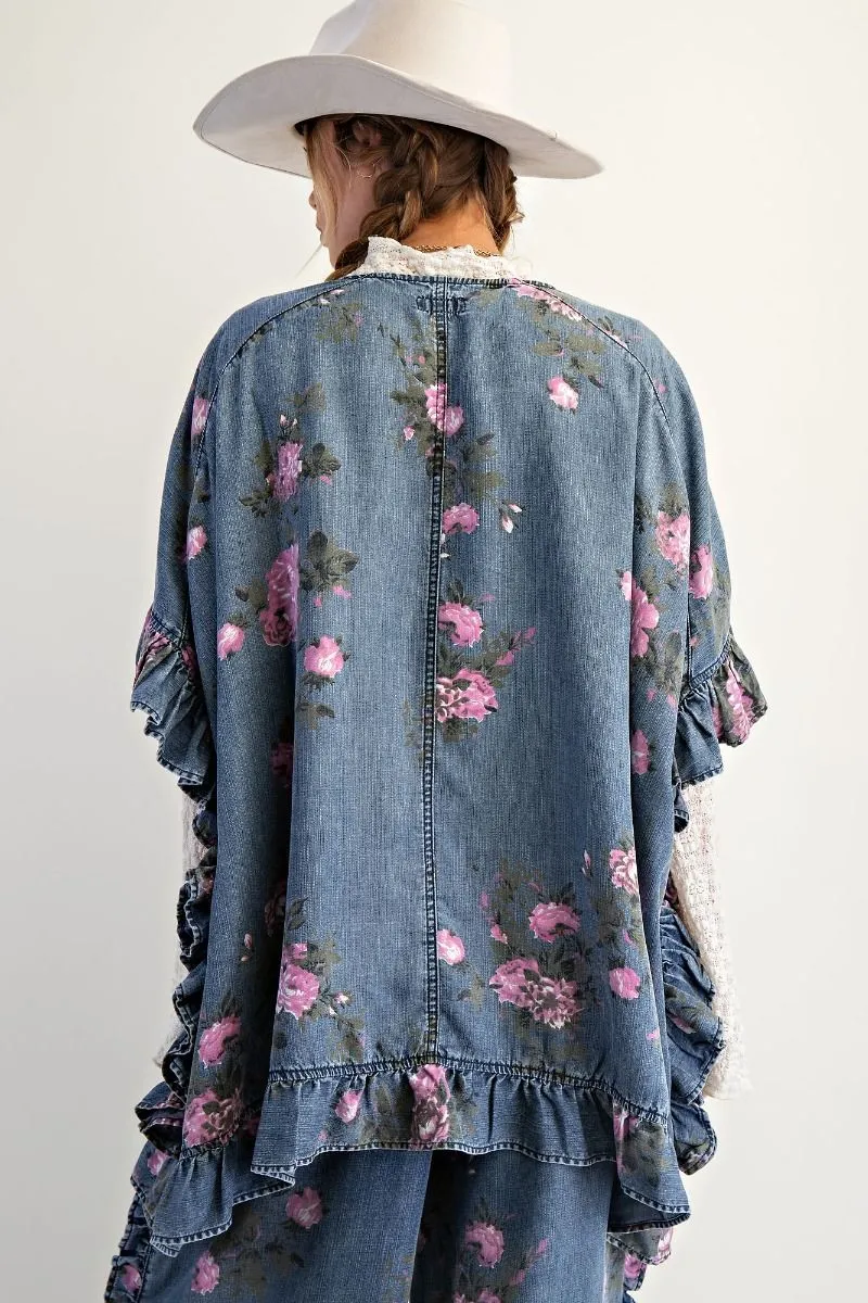 Open Front Floral Detail Chambray Ruffle Detail Cardigan