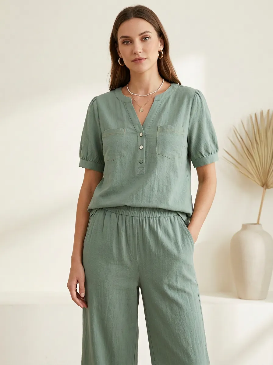 Pocket Button-Front Women's V-Neck Shirt