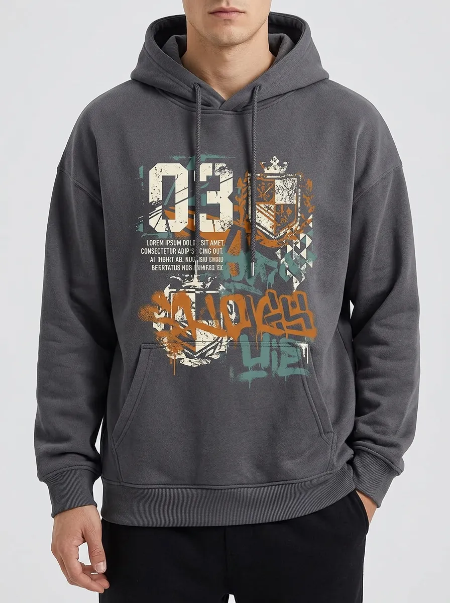 Unisex Urban Streetwear Number 03 Shield Graffiti Hoodie