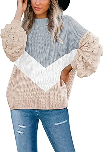 Women's Cute Oversized Crewneck Loose Puff Sleeves Chunky Knit Pullover Sweater
