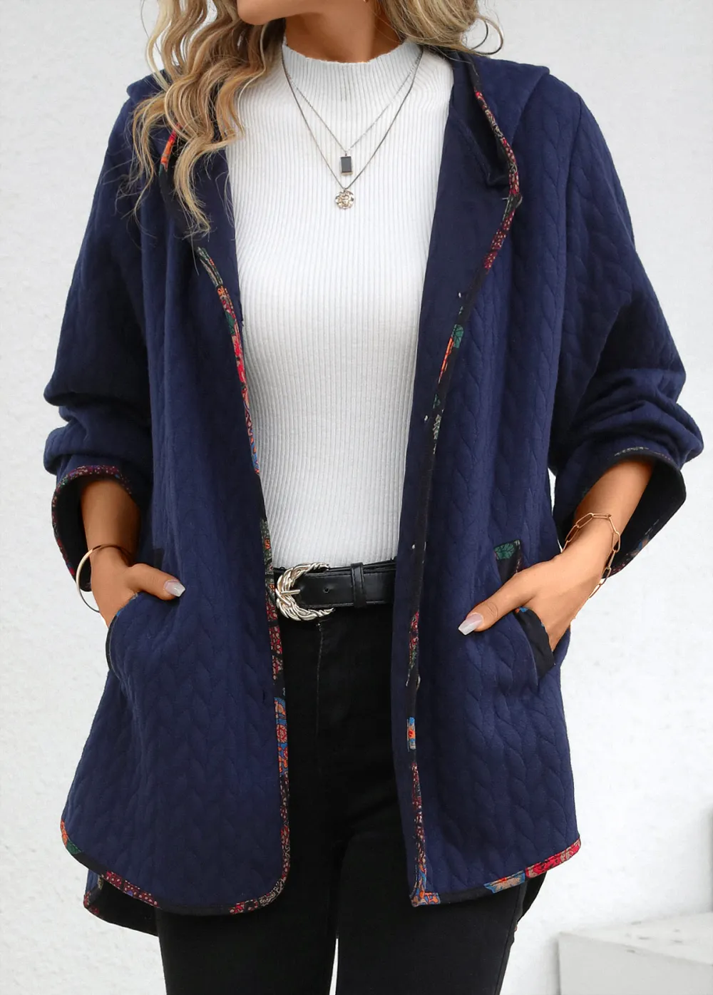 Navy Pocket Long Sleeve Hooded Coat