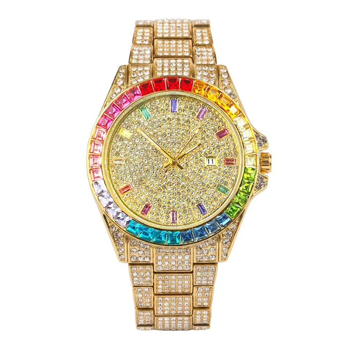 Luxury Gold Tone Full Diamond Rainbow Bezel Quartz Watch, Trendy Waterproof Calendar Stainless Steel Band Wristwatch