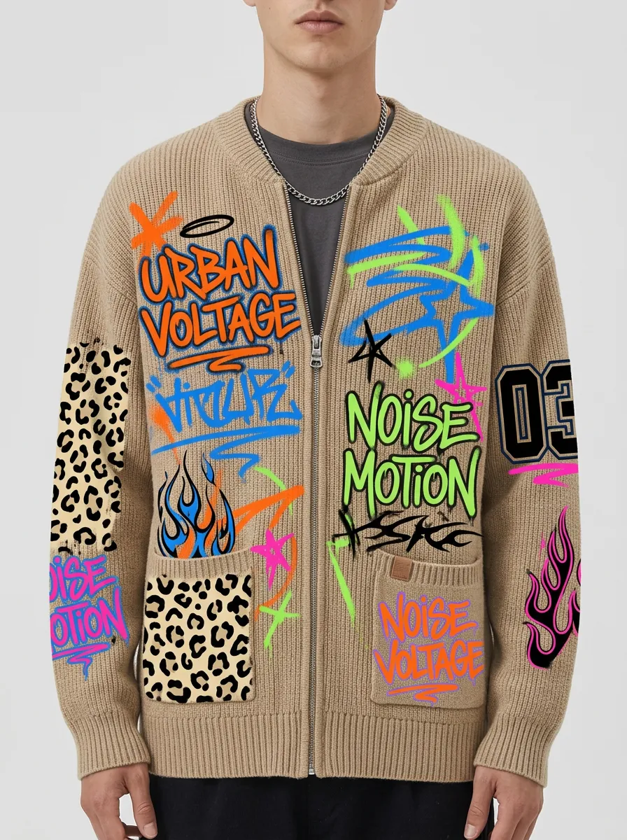 Men's Streetwear Graffiti Leopard Print Patterned Zip-up Cardigan