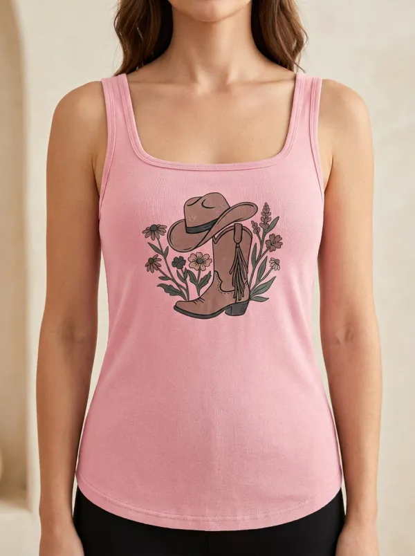 Western Cowboy-Hat Floral Built-In Bra Tank Top