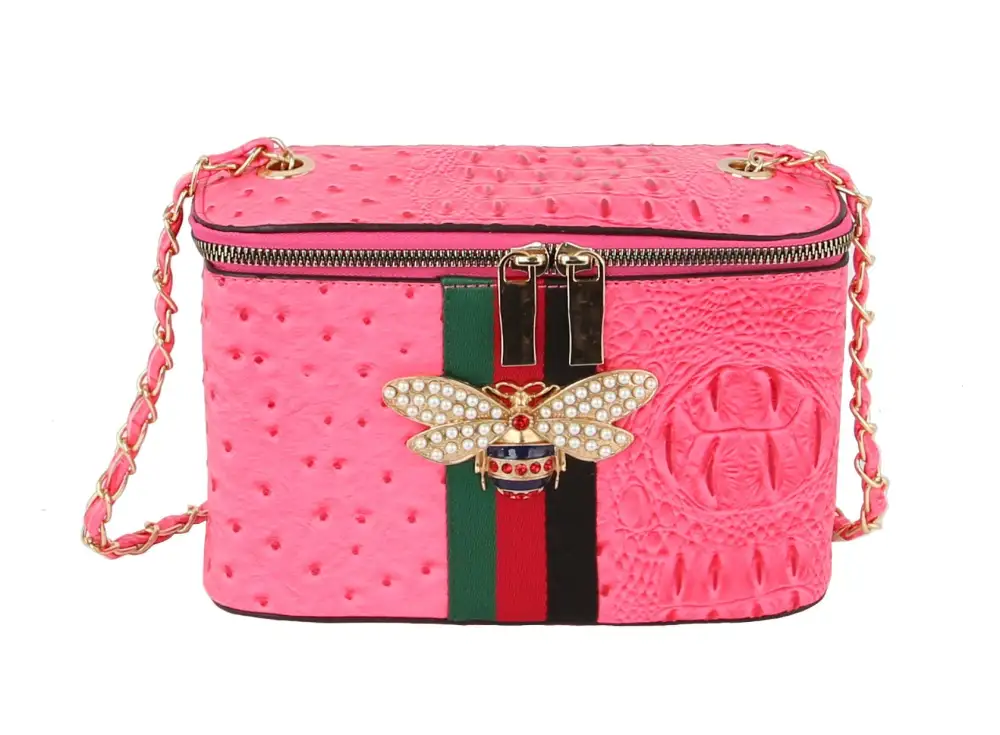 Relaxed Detail Embossed Crystal Accent Chain Accent Faux Leather Shoulder Bag