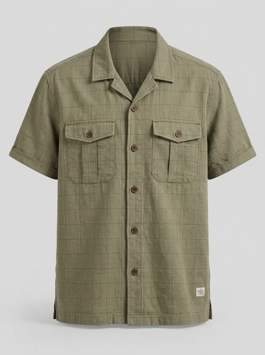 Men's Casual Summer Olive Green Plaid Printed Short Sleeve Shirt