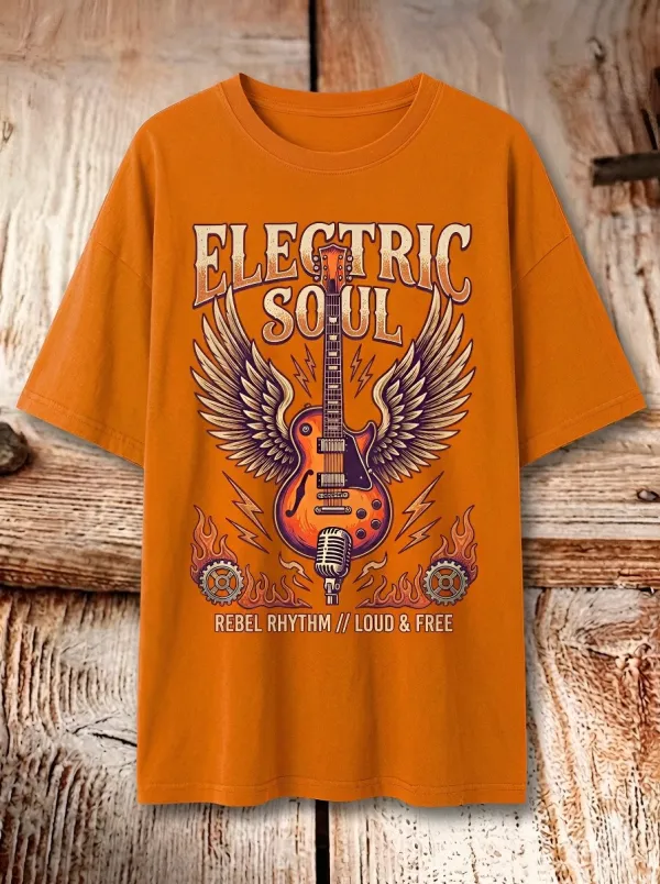 Unisex Rock Music Lover Winged Guitar Flame Printed T-shirt