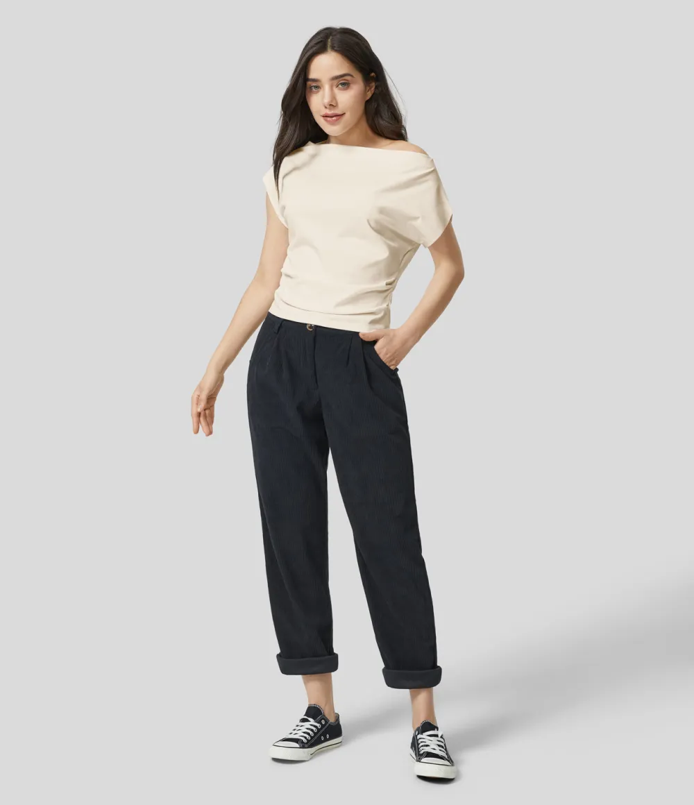 Off Shoulder Short Sleeve Ruched Casual Cotton Top