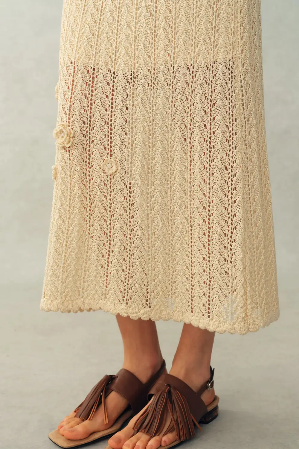 Open Knit Floral Linen Blend Midi Dress