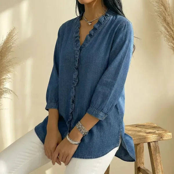 Ruffle V Neck Denim Blouse