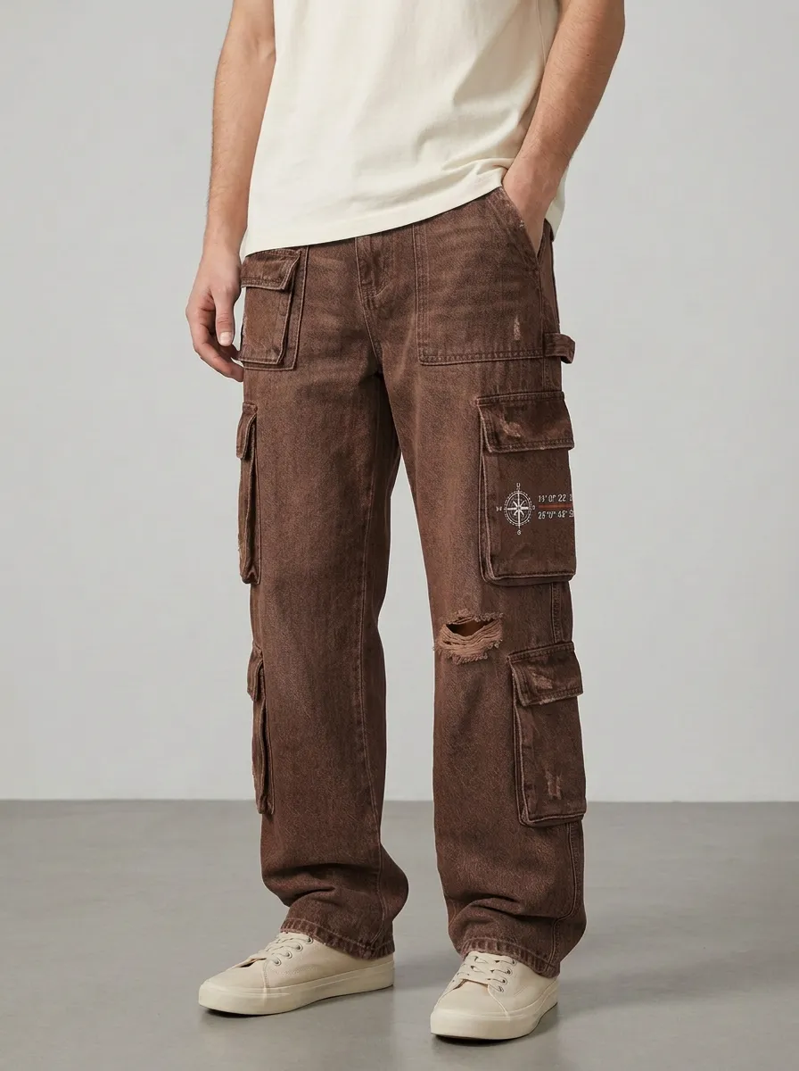 Men's Travel Explorer Compass Printed Distressed Denim Cargo Jeans