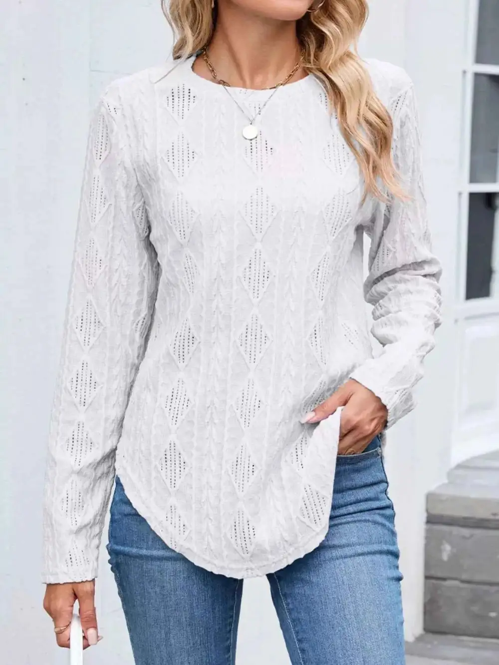 Openwork Textured Long Sleeve Top