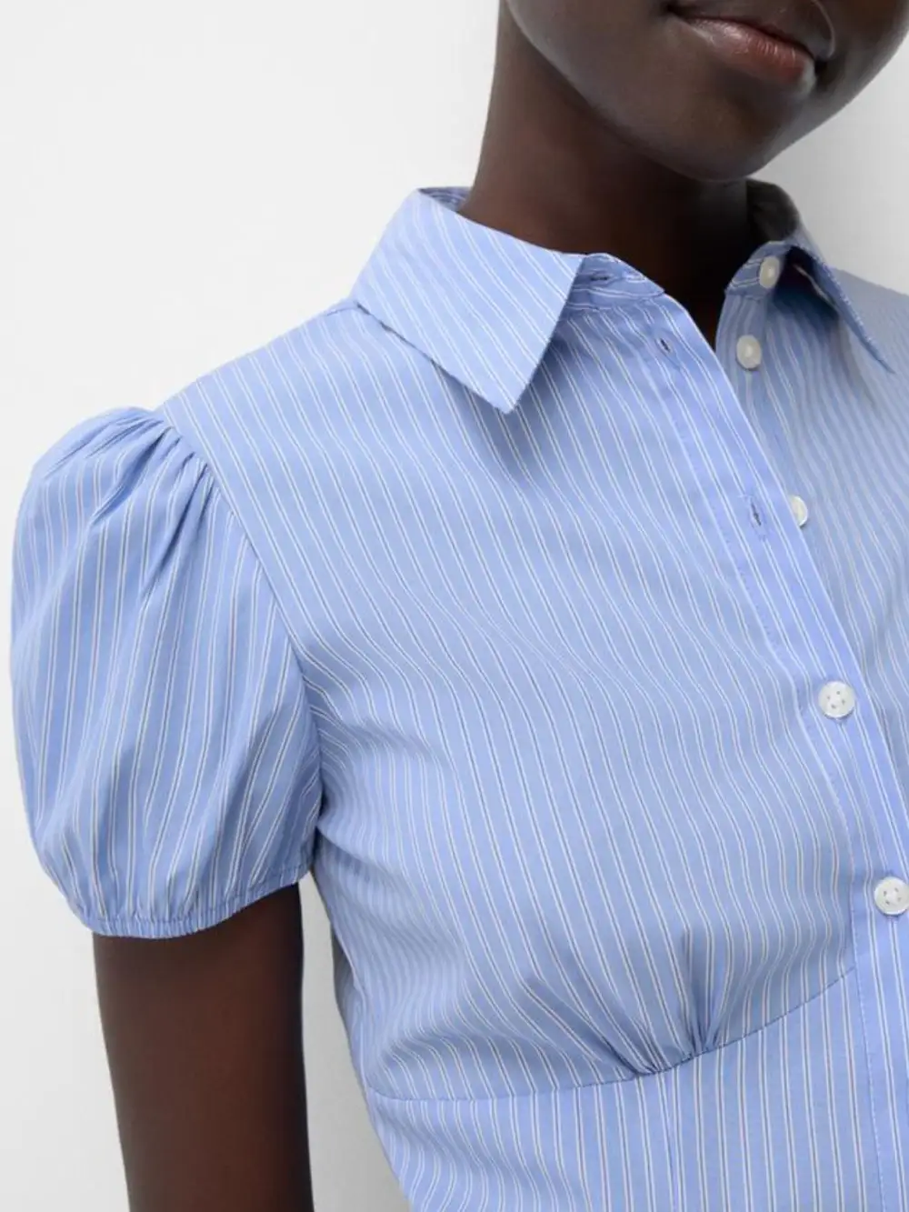 Puff-Sleeve Striped Buttoned Shirt