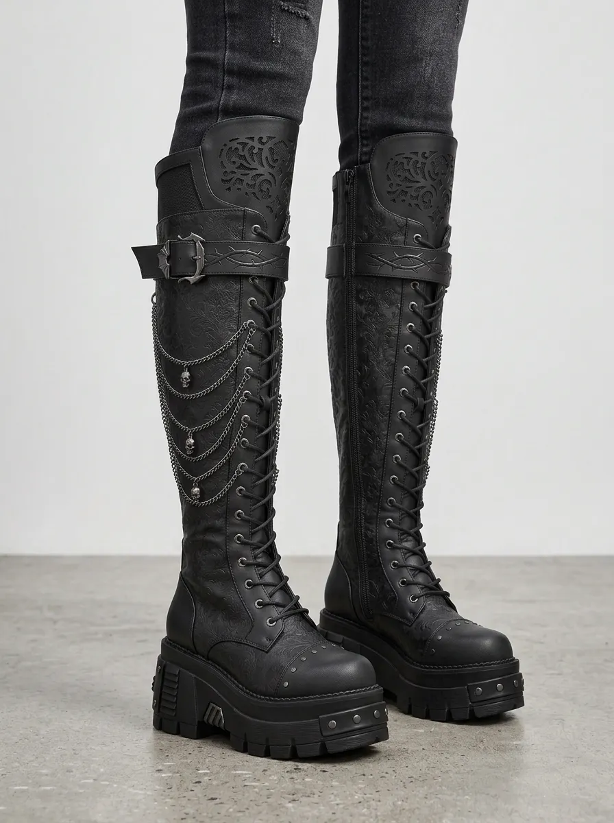 Dark Skull Chain Embossed Darkwear Style Women's Gothic Platform Knee High Boots