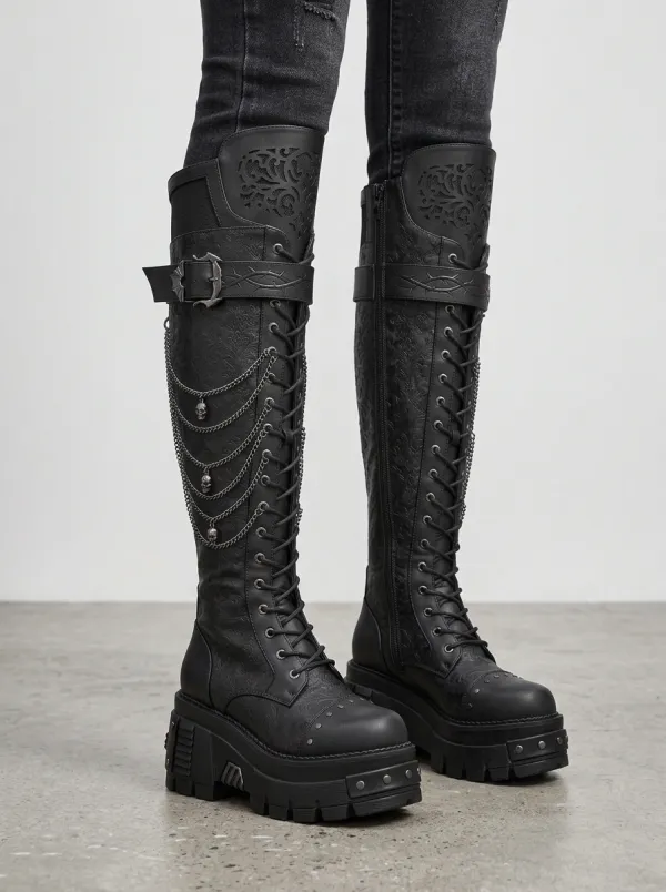 Dark Skull Chain Embossed Darkwear Style Women's Gothic Platform Knee High Boots