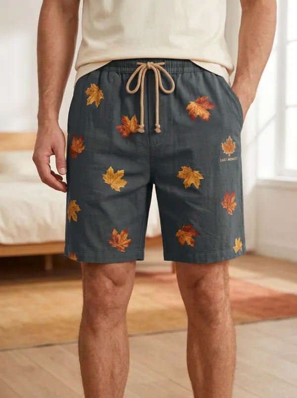 Tan Maple Leaf Print Drawstring Shorts Shorts