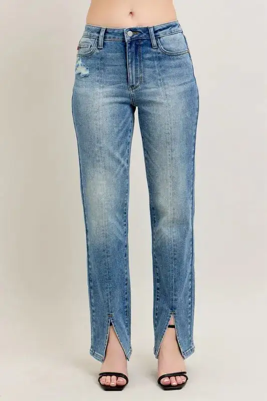 High-Waist Distressed Vintage-Wash Front-Seam Straight Leg Jeans