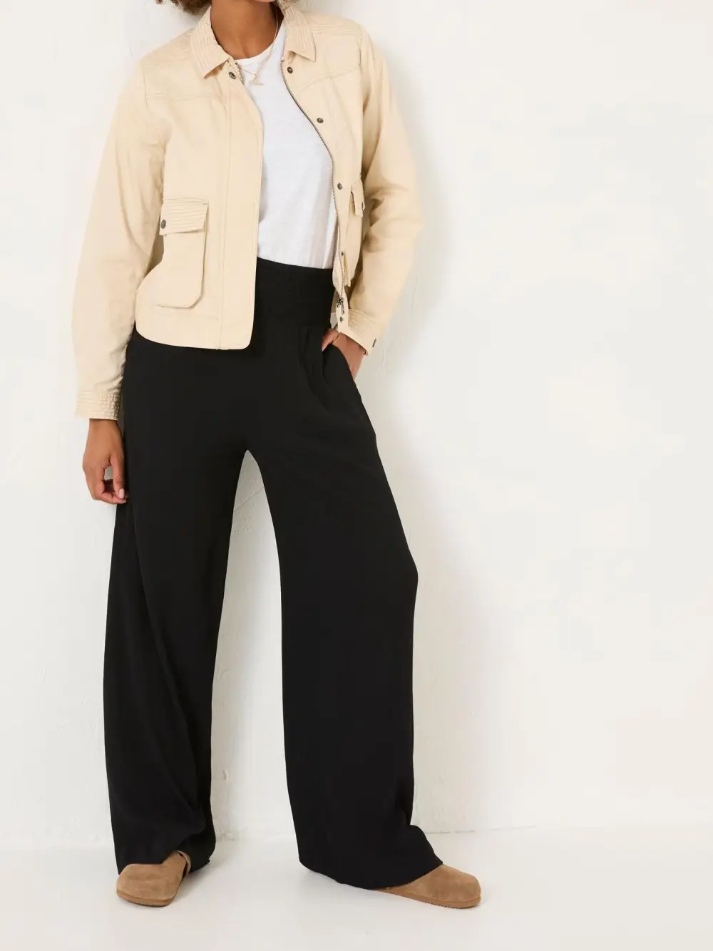 Black Shirred Palazzo Wide Leg Trousers