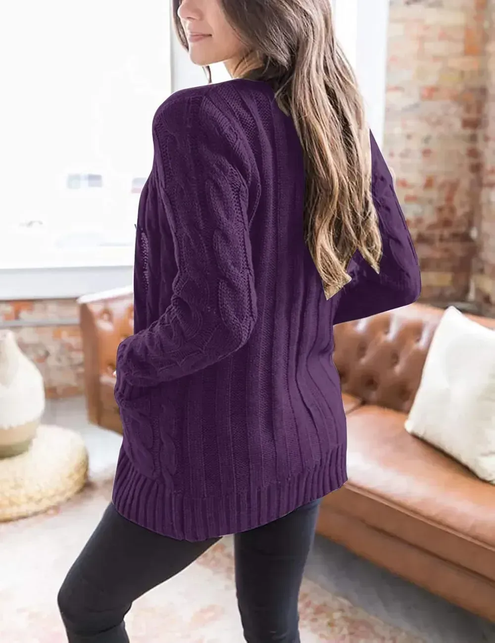 MEROKEETY Women's 2024 Fall Long Sleeve Cable Knit Sweater Open Front Cardigan Button Loose Outerwear