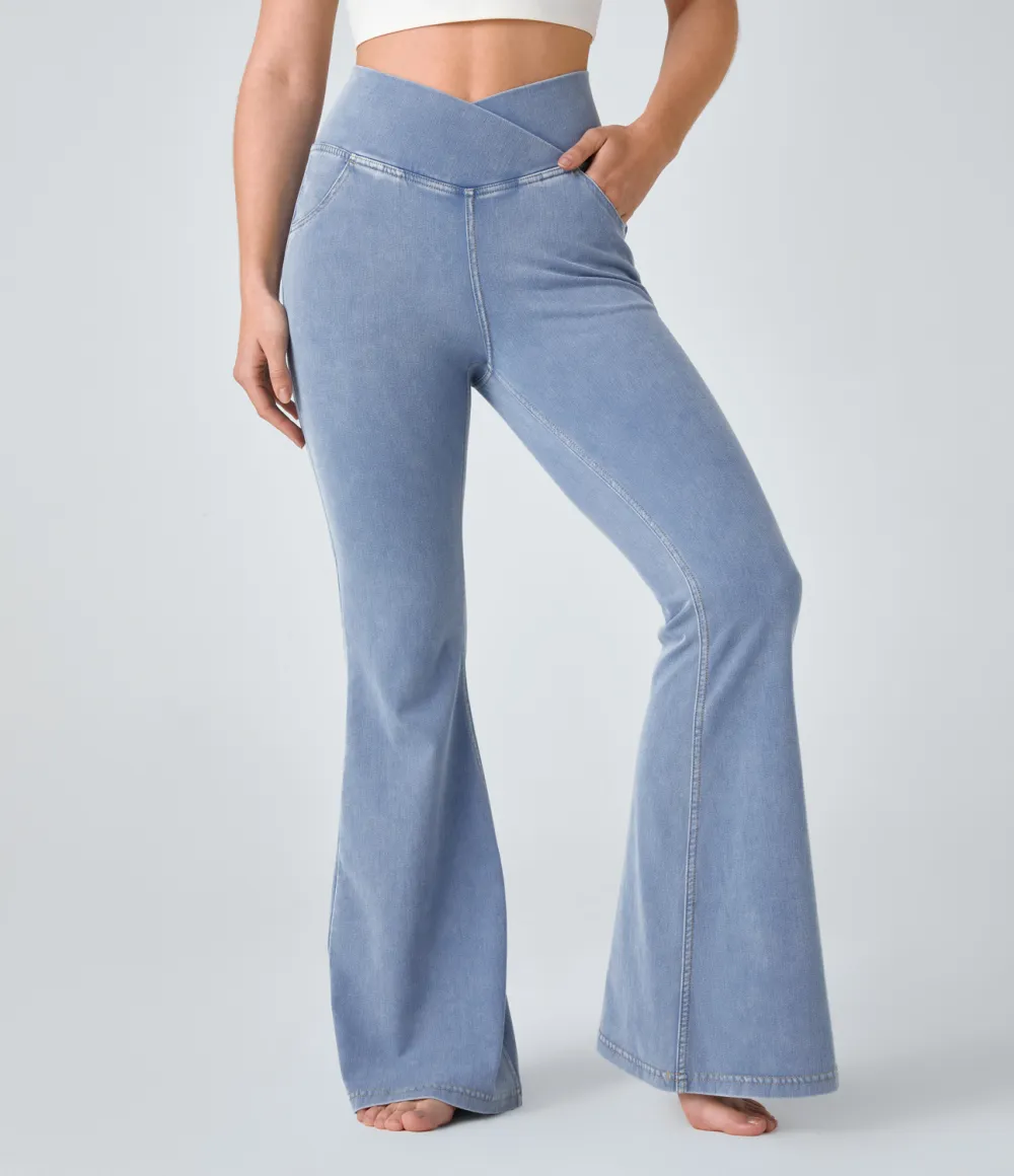 Magic High Waisted Crossover Pocket Cool Touch Washed Stretchy Knit Casual Super Flare Jeans