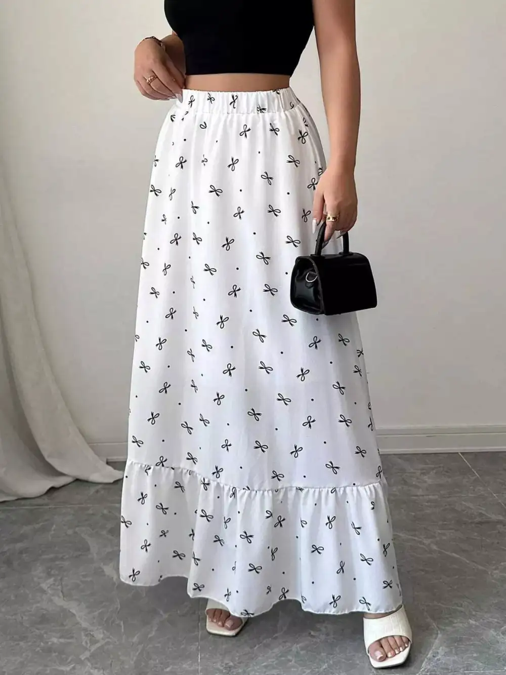 Bowknot Print Ruffle Hem Maxi Skirt