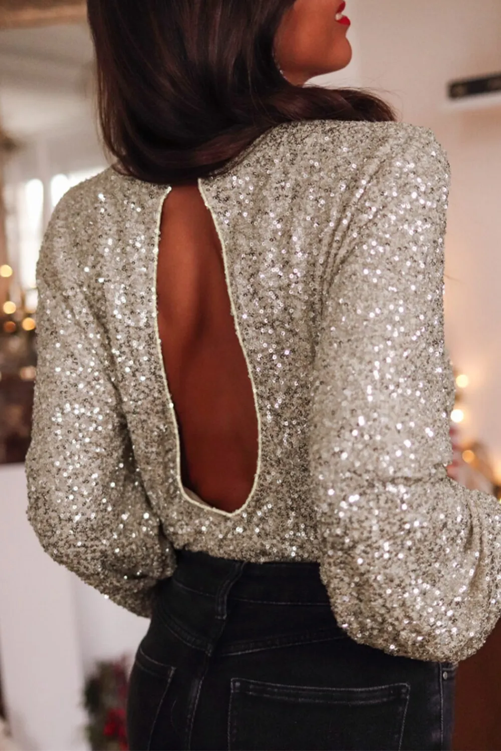 Silvery Sequin Puff Sleeve Cutout Blouse