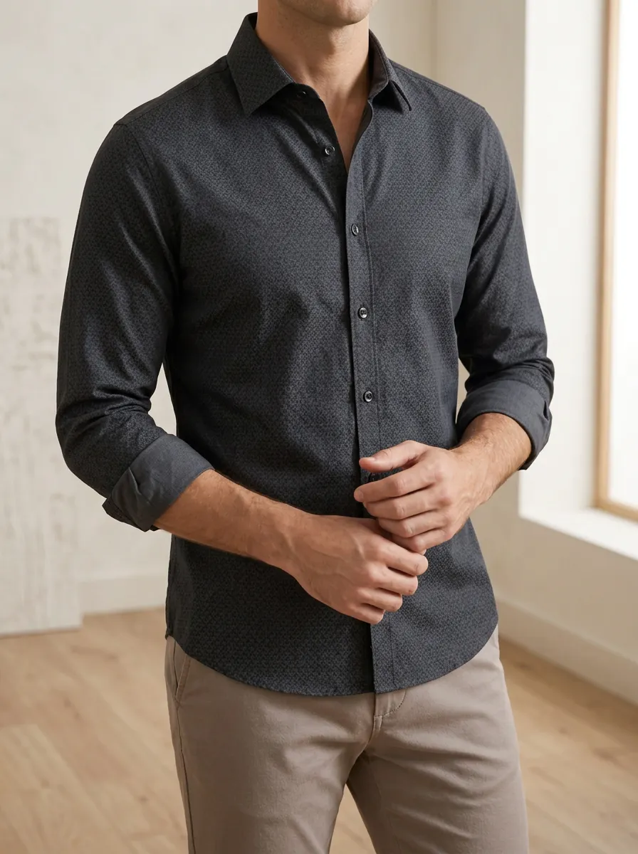 Men's Minimal Micro-Print Long Sleeve Slim Fit Shirt