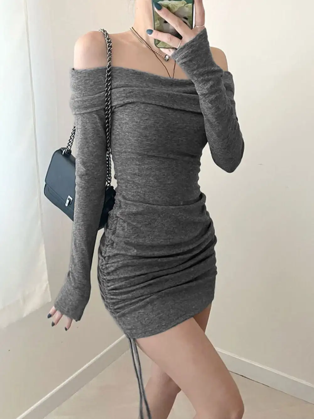 Polished Detail Ruched Mini Dress