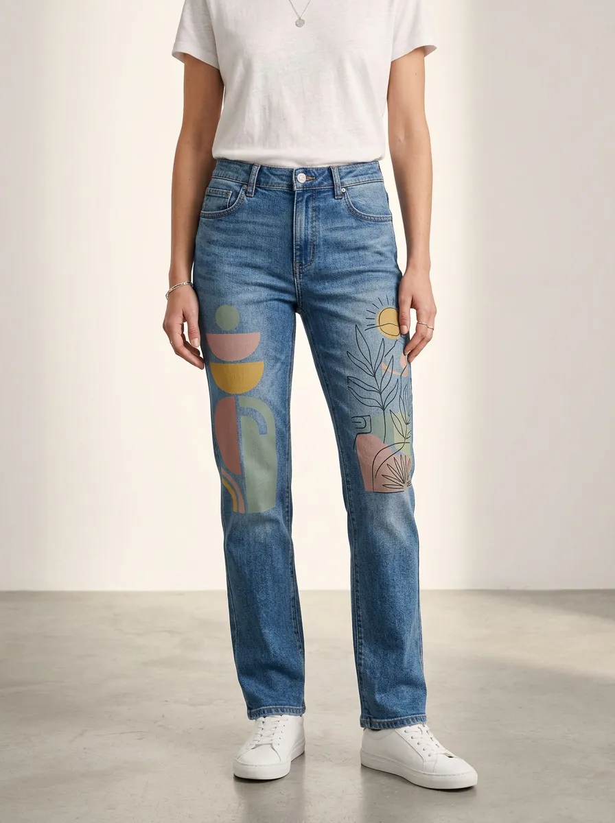 Women's Boho Abstract Sun Plant Printed Straight Leg Jeans