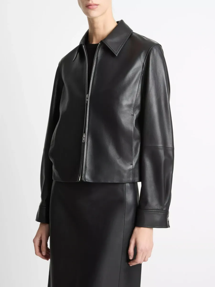 Zip-Up Collared Leather Jacket