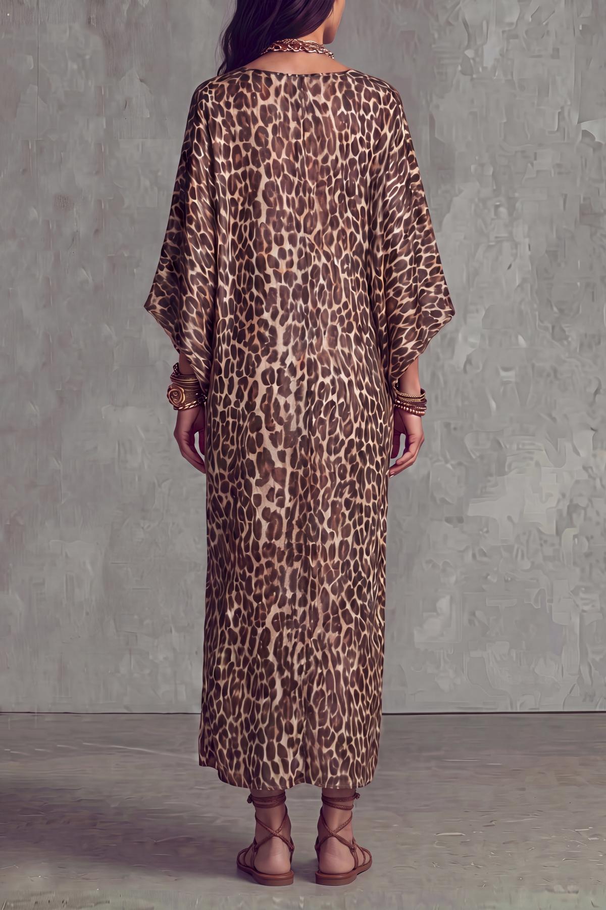 Batwing Sleeve Leopard Pattern Printed Maxi Dress