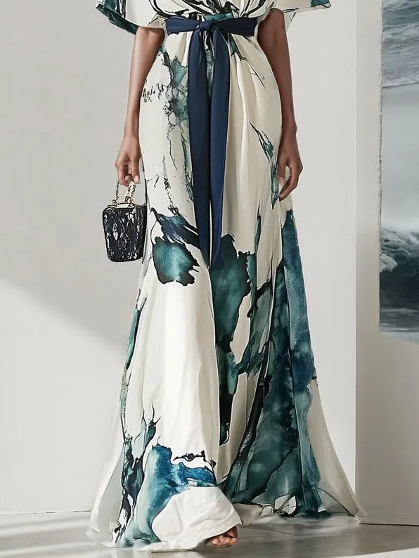 Watercolor Print V Neck Maxi Dress