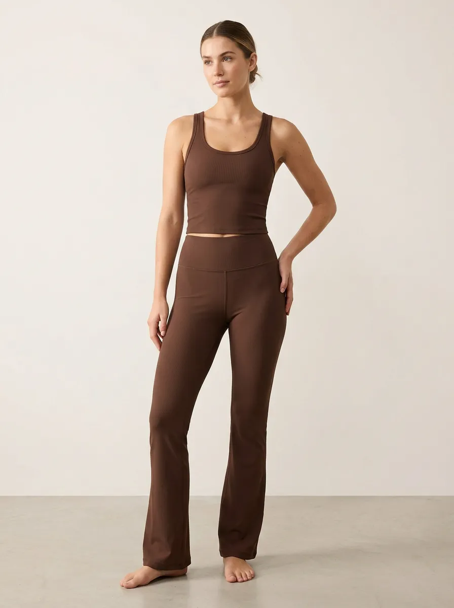 Ribbed Yoga Fitness Women's Tank Top Flare Pants Active Set