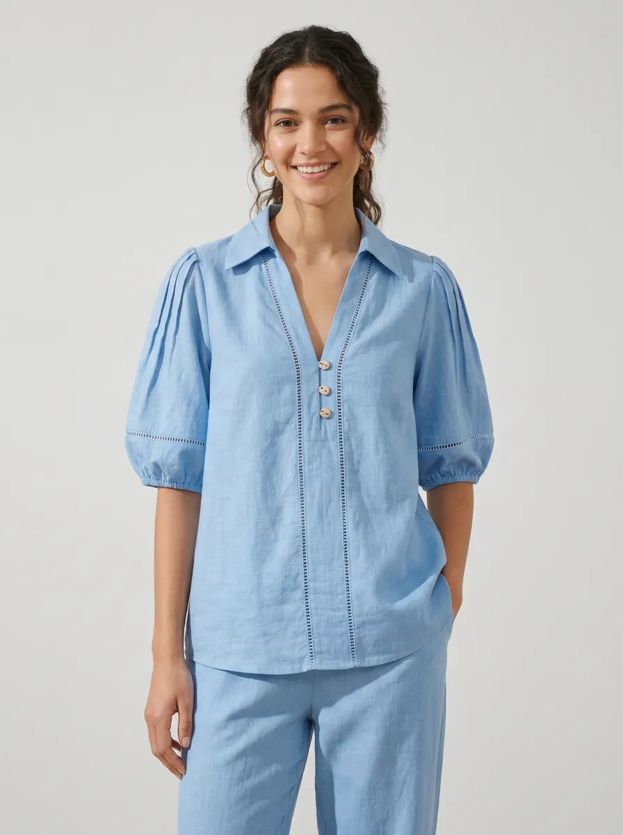 Puff-Sleeve Minimalist Women's V-Neck Casual Lounge Set