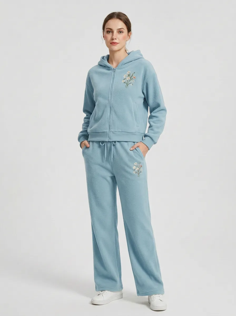 Women's Floral Embroidered Zip-Up Hoodie And Lounge Pants Set