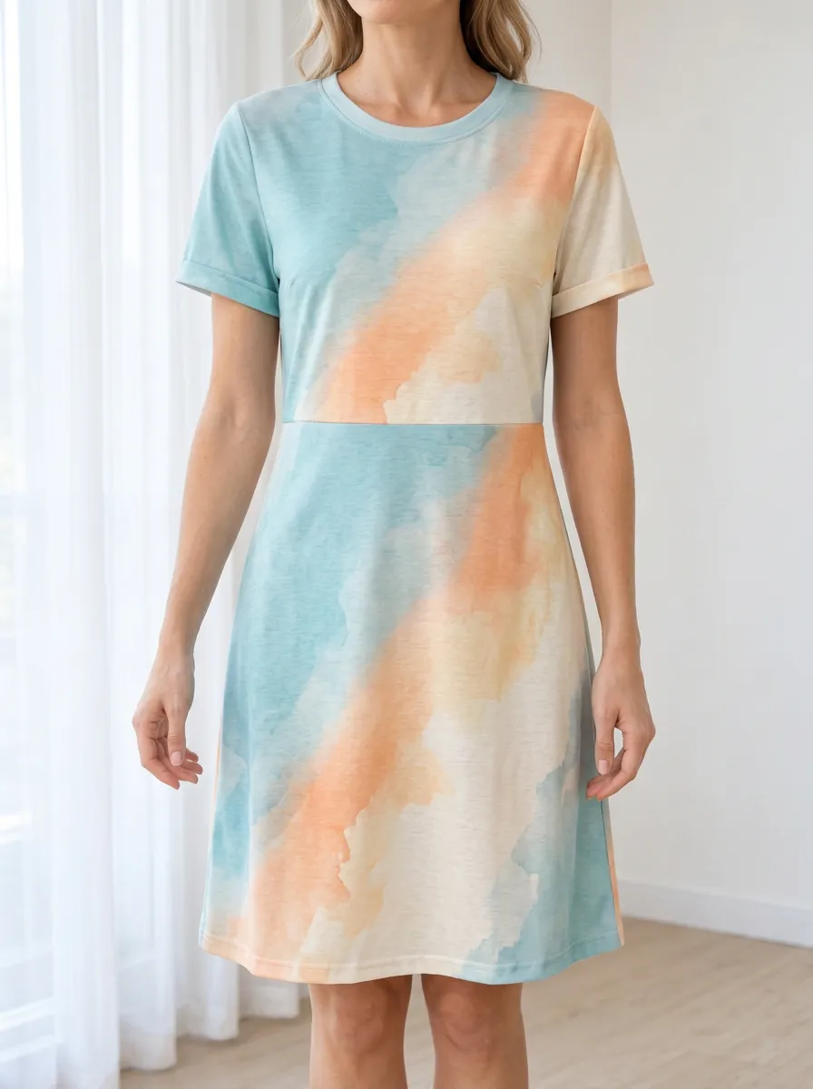 Women's Short Sleeve Watercolor Print Crew Neck T-Shirt Dress