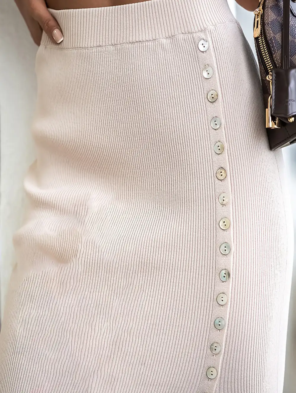 Ribbed Button Front Slit Midi Skirt