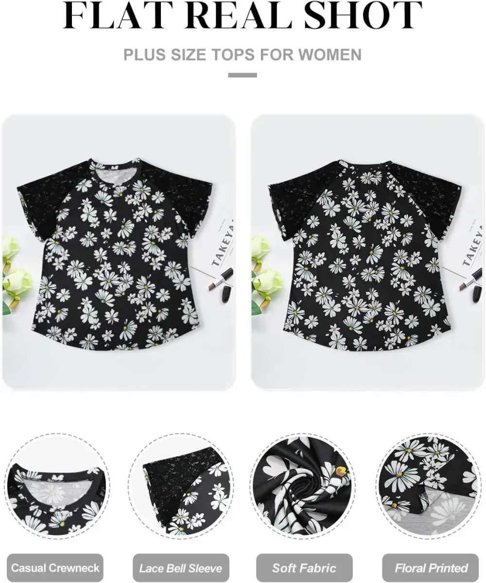 HDLTE Womens Plus Size Tops Floral Bell Sleeves Blouses Summer Crewneck Tunic Loose Casual T Shirts