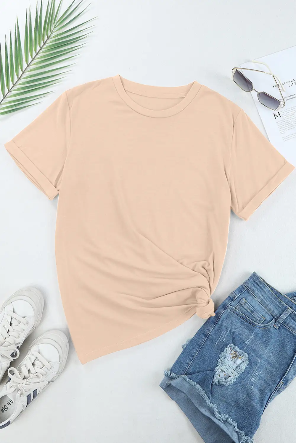 Khaki Casual Plain Crew Neck