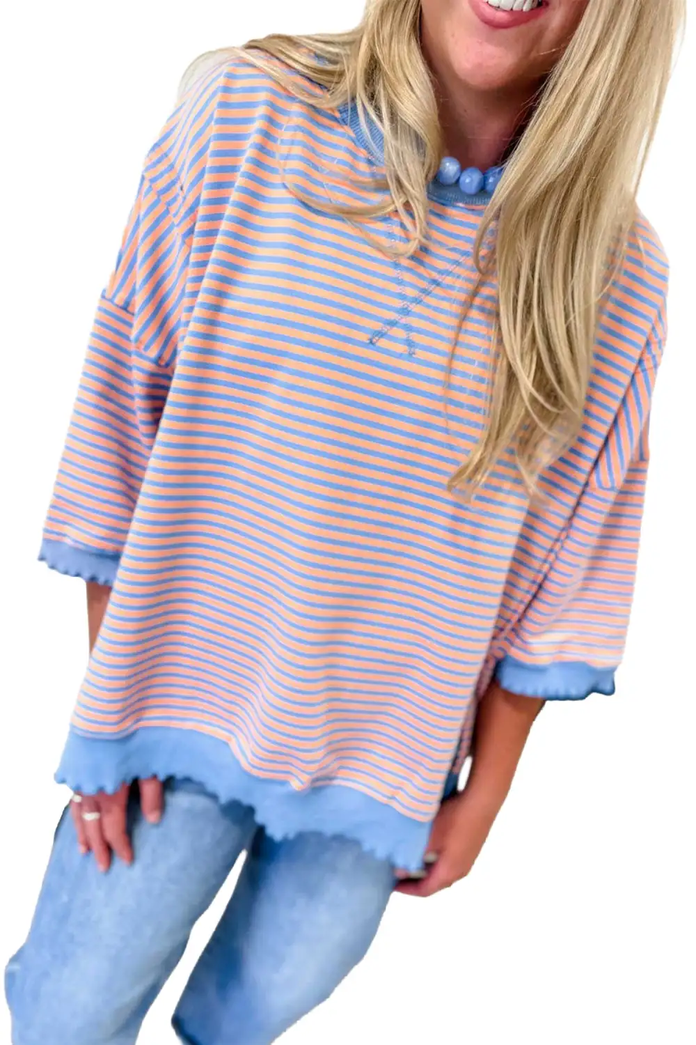 Striped Scalloped Trim Relaxed Three Quarter Sleeve Top