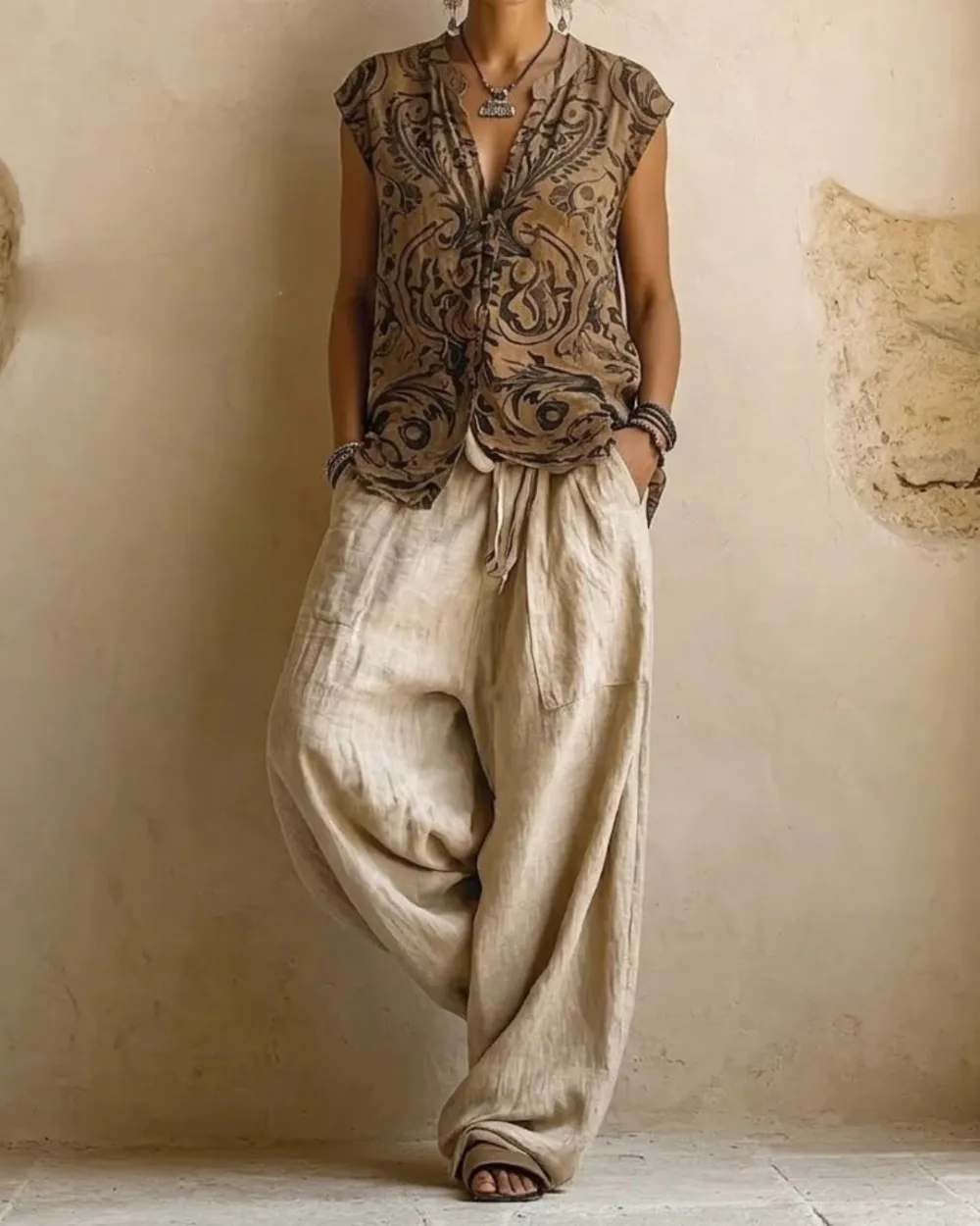 Boho Three-Piece Outfit Printed Top Wide Leg Pants
