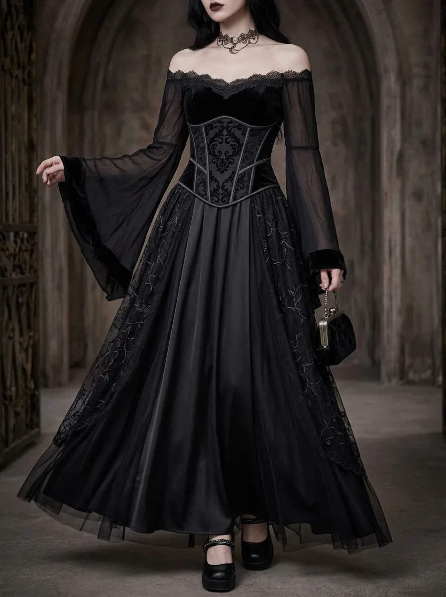 Midnight Victorian Corset Lace Statement Women's Gothic Dress
