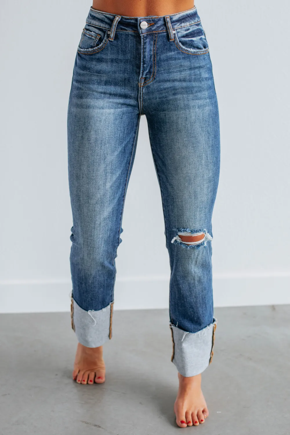 Women's High Rise Distressed Zip Fly Jeans