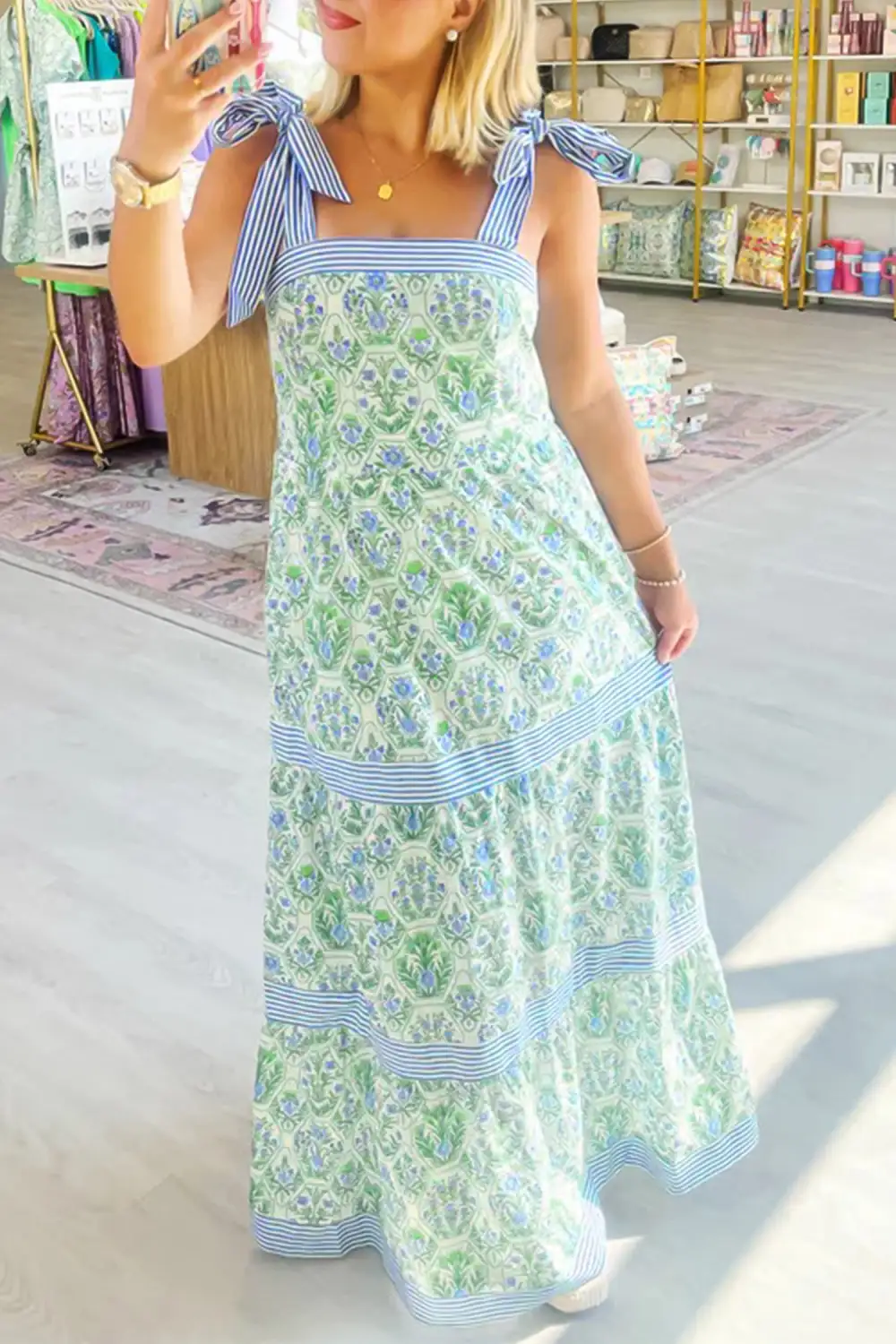 Women's Floral Print Striped Sleeveless Patchwork Dress