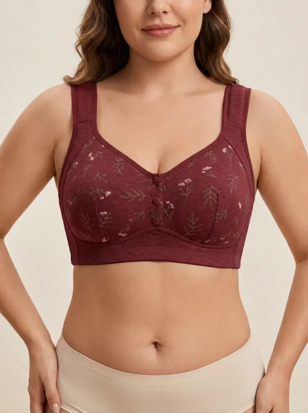 Women's Plus Size Beige Botanical Floral Front-Closure Scoop-Neck Wireless Bralette