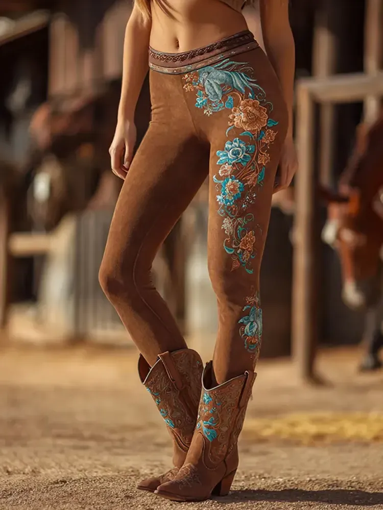 Ladies' Retro Western Floral Print Daily Leggings