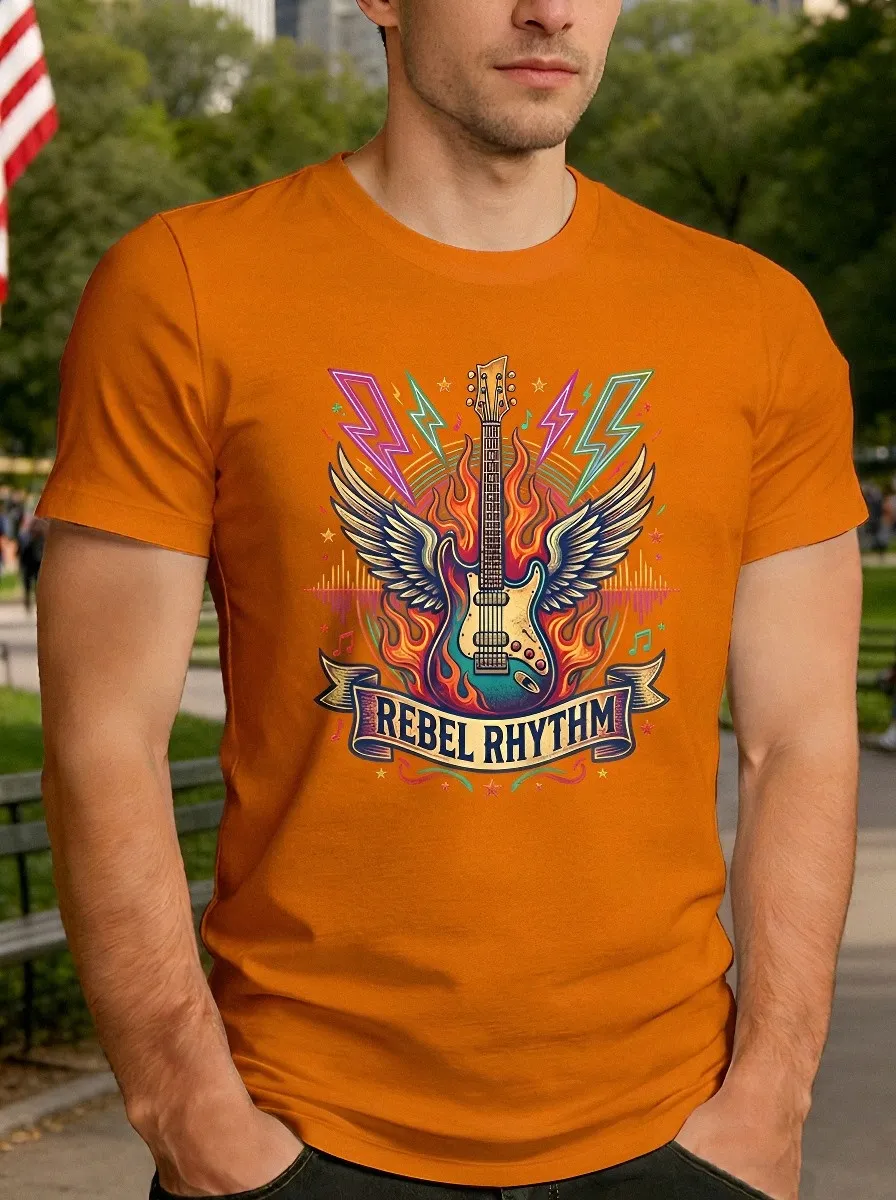 Men's Rock Music Lover Rebel Rhythm Winged Guitar Printed T-shirt
