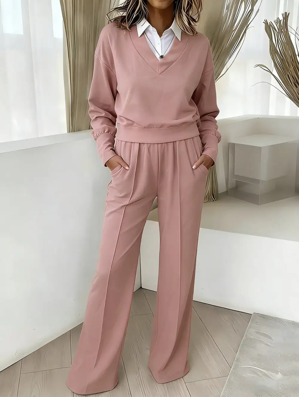 Collar Loose Top and Wide-Leg Pants Set