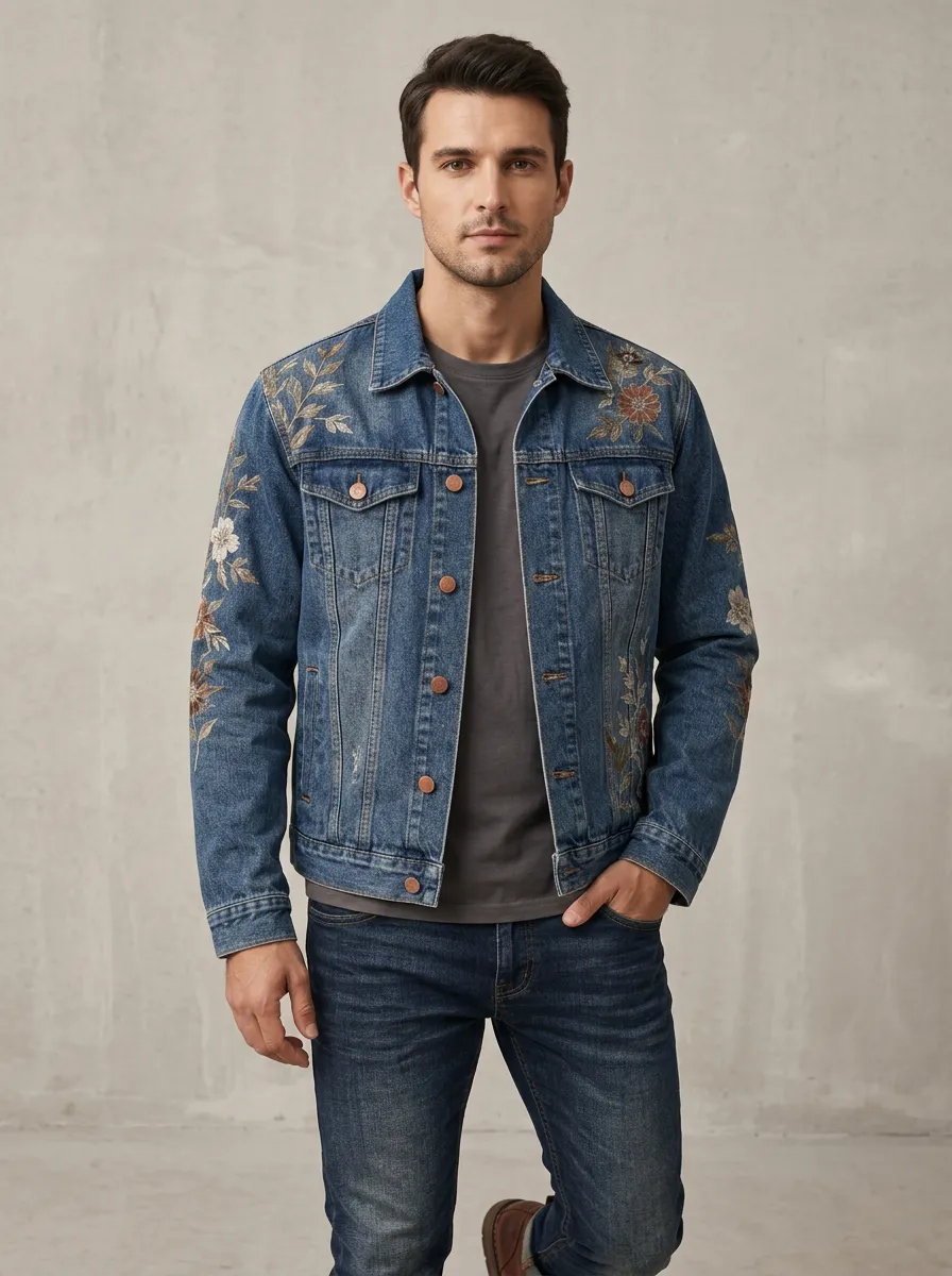 Men's Patterned Motif Floral Vintage Inspired Denim Jacket