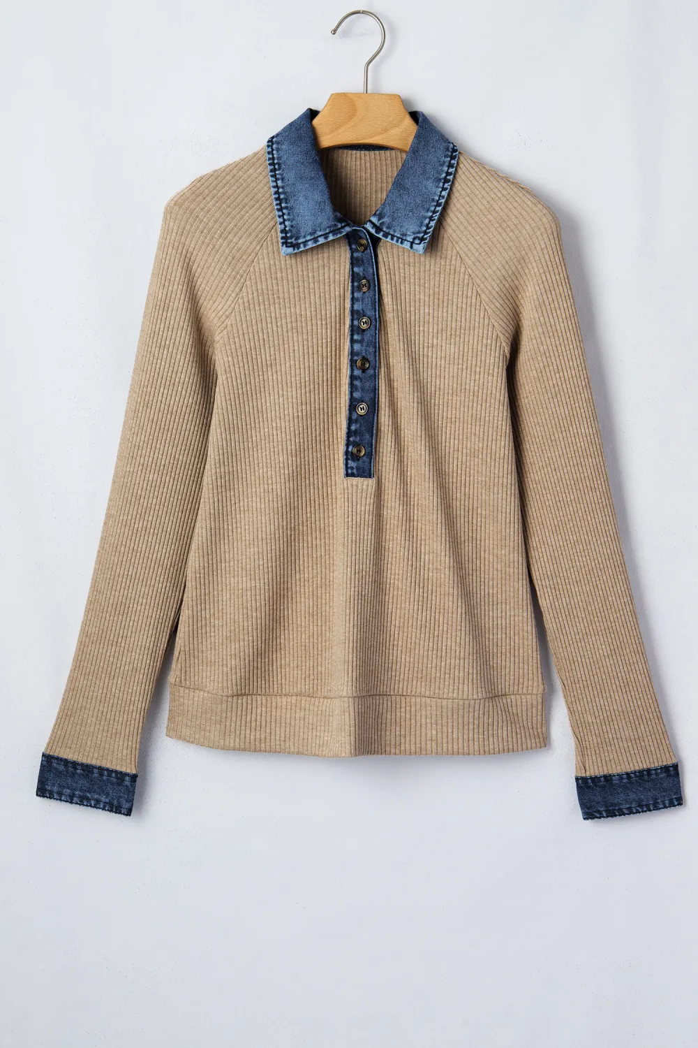 Beige Ribbed Knit Denim Patchwork Top